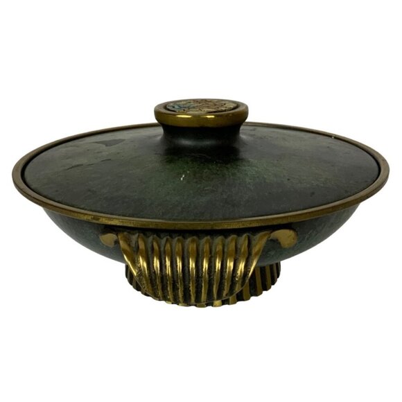 Vintage Dayagi Brass Enamel Lidded Dish Mosaic Rooster Handle Green Gold Israel - Picture 4 of 10